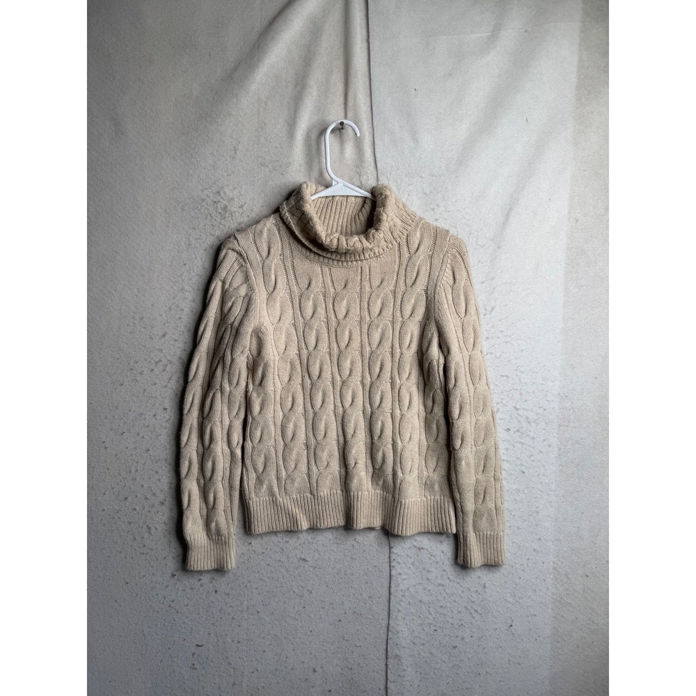LL Bean Womens XS Petite Beige Wool Blend Cable Knit Turtleneck Sweater 285190